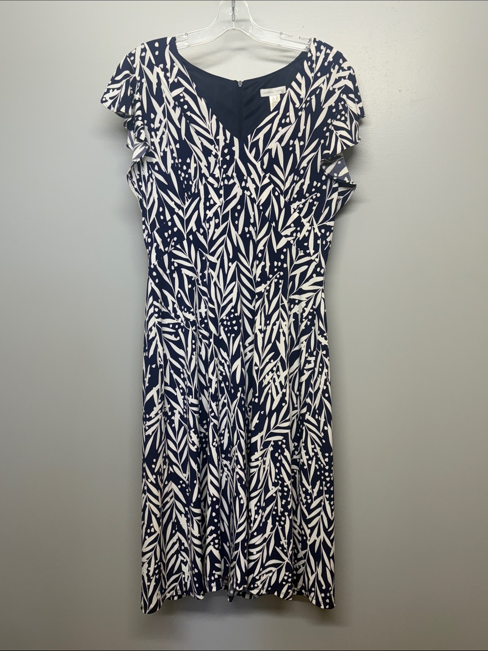 London Times Navy & White Leaf-Print Midi Dress